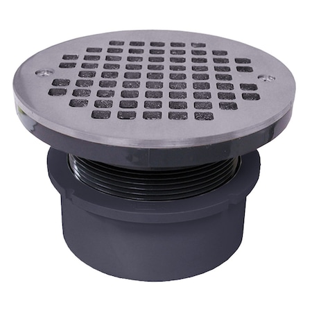 Jones Stephens 4in. PVC Hub Fit Drain Base with 3-1/2in. Plastic Spud and 6in. Chrome Plated Strainer D53003